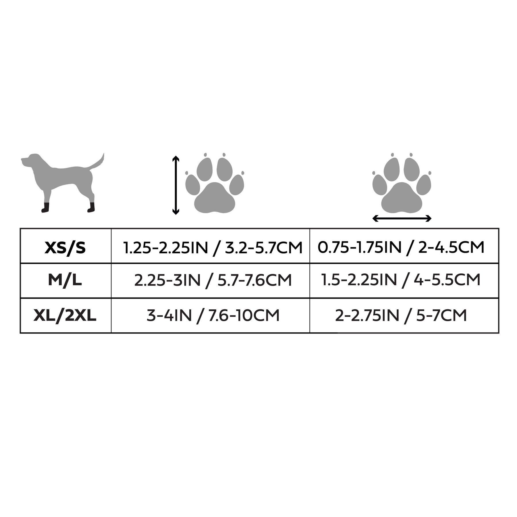 Size chart for a dog collar or leash sizing guide, showing size categories XS/S, M/L, and XL/2XL with measurements in inches and centimeters alongside dog silhouette and paw print icons on a white background.